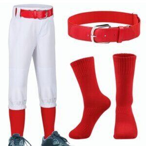 Resinta Baseball Pants White w Red Socks & Belt Youth Size 10-12Y NWOT